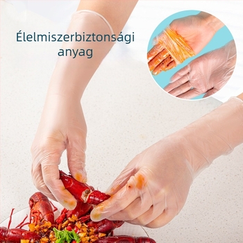 Egyszer használatos PVC élelmiszerrel érintkező sütéshez használt kesztyű, hosszított és megvastagodott, olajálló, átlátszó, 0,05–0,1 mm vastagságú