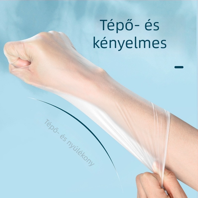 Egyszer használatos PVC élelmiszerrel érintkező sütéshez használt kesztyű, hosszított és megvastagodott, olajálló, átlátszó, 0,05–0,1 mm vastagságú