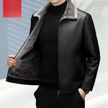 PU bőrdzseki fleece béléssel, dupla gombos záródás, laza szabás, téli kabát férfiaknak