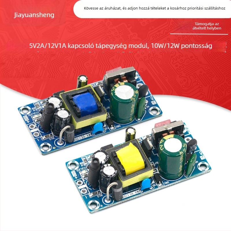 AC-DC izolált kapcsolóüzemű tápegység, nyílt panelen (bare-board), két kimenet 5V2A és 12V1A, alacsony ripple, precizitás 10–12W
