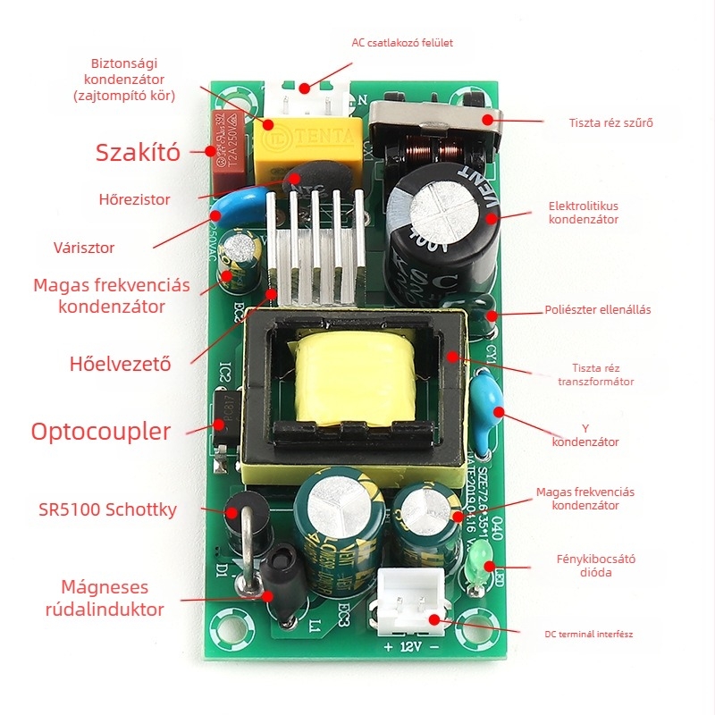 Chuang sixuan 12V2A kapcsolóüzemű tápegység modul – csupasz PCB, izoláció, bemenet 220V AC, kimenet 12V DC LED-szalagra