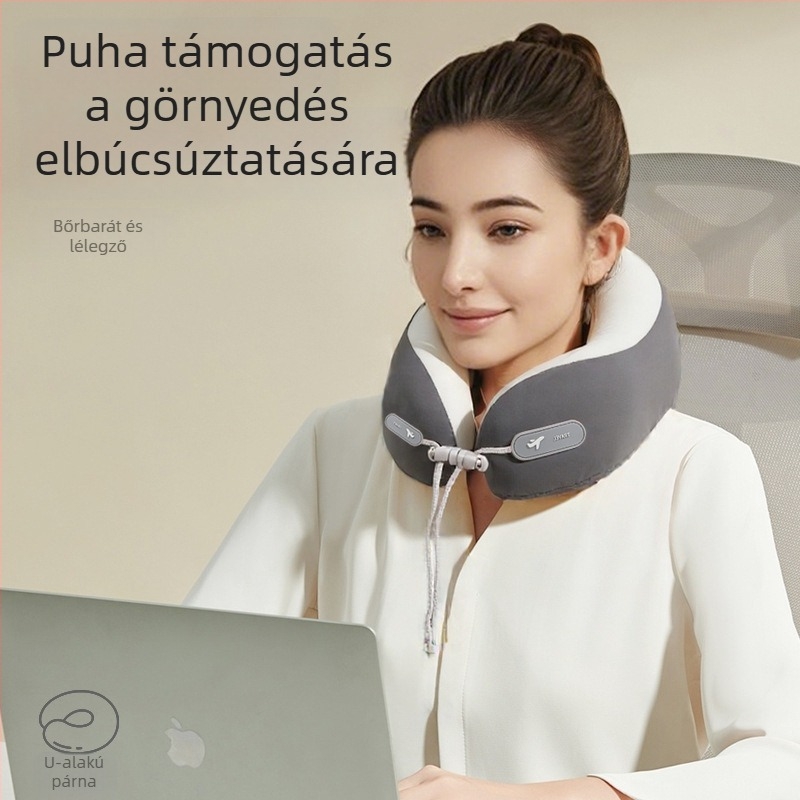 Memóriahab U-alakú utazó nyakpárna logóval, pamut-spandex huzat, modern minimalista stílus, nyaki gerinc-támogatás