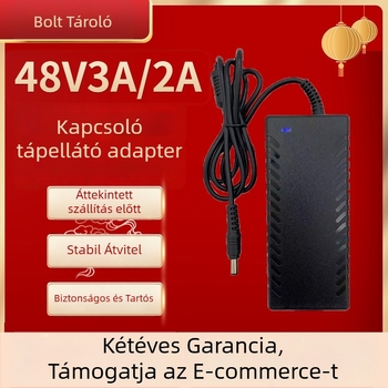 Asztali tápegység, 48 V, kapcsolóüzemű, egyfázisú, hatásfok 97%, kimeneti feszültség pontossága 2%, súly 400 g