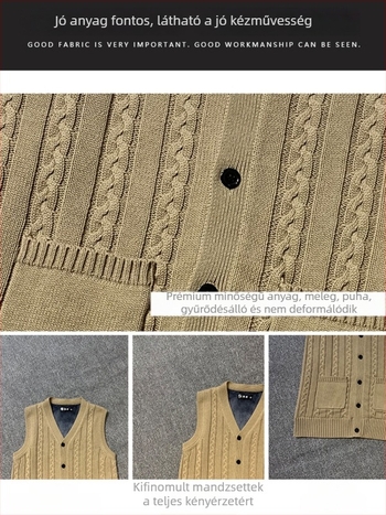 Férfi kötött kardigán mellény, 100% pamut, fleece-béléssel, vastag, V-nyakú, testhez álló fazon