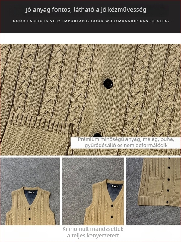Férfi kötött kardigán mellény, 100% pamut, fleece-béléssel, vastag, V-nyakú, testhez álló fazon