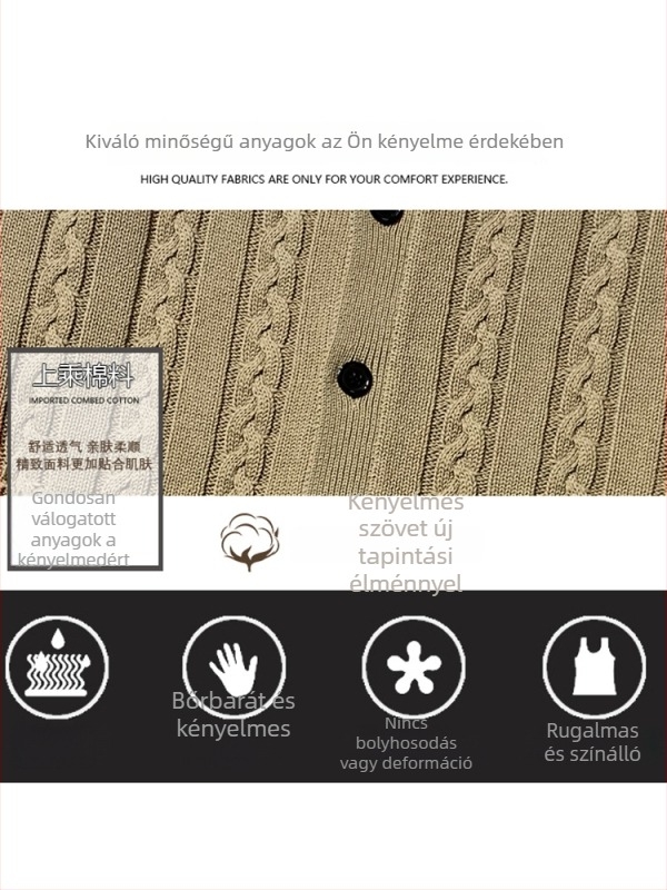 Férfi kötött kardigán mellény, 100% pamut, fleece-béléssel, vastag, V-nyakú, testhez álló fazon