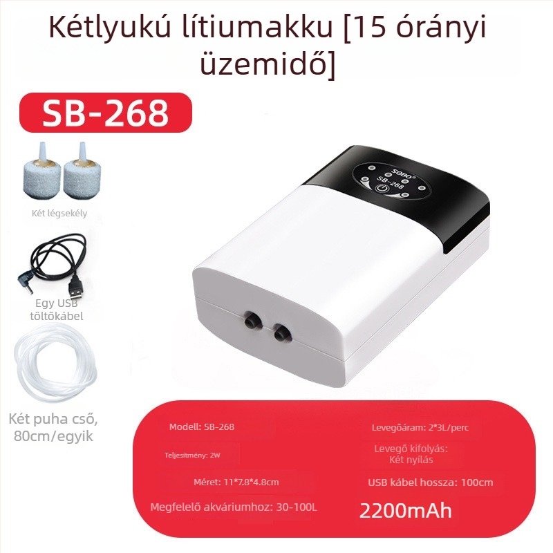 Songbao akváriumi aerátor – csendes oxigénpumpa, kettős tápellátású (AC/DC), súly 1