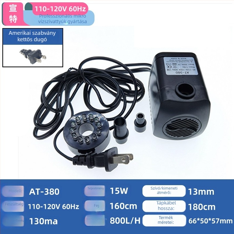 AT-380 Beépíthető kerti szökőkút szivattyú, ABS, csendes működés, LED fény, halastó oxigénellátáshoz