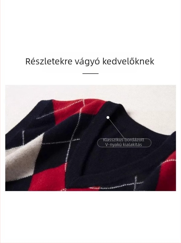 Férfi 100% gyapjú V-nyakú mellény, brit stílusú jacquard diamant mintázattal