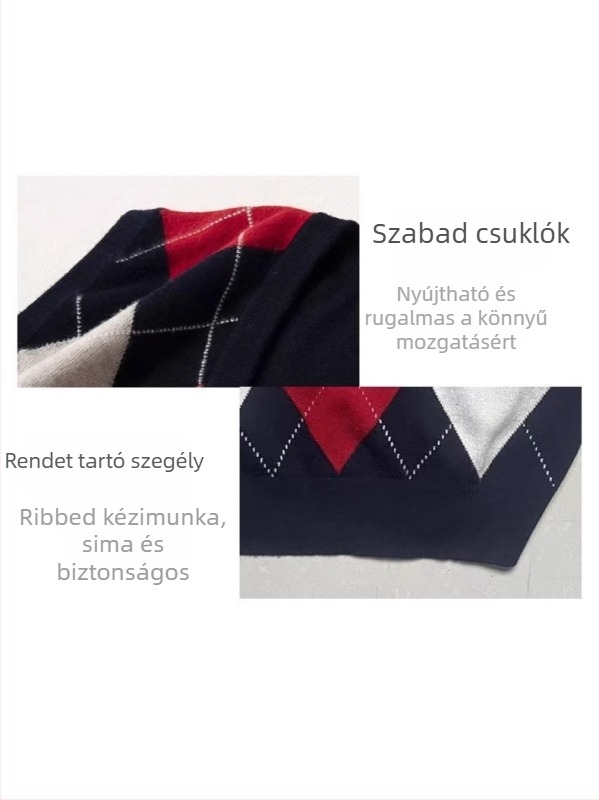 Férfi 100% gyapjú V-nyakú mellény, brit stílusú jacquard diamant mintázattal