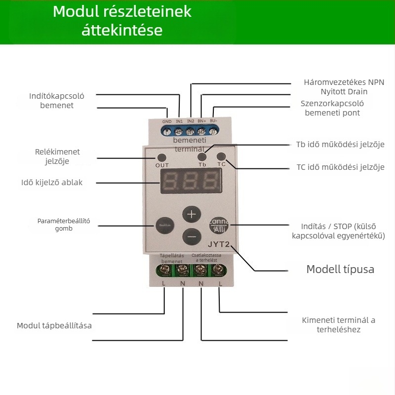 Sínes időrelé modul, többfunkciós, trigger-számlálóval