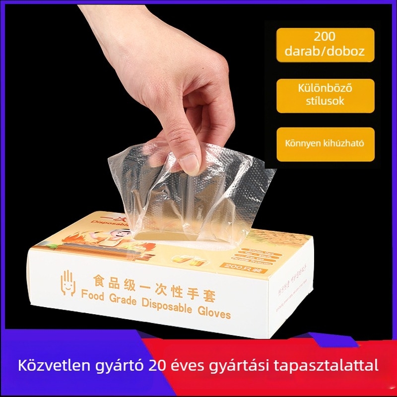 Vastagított egyszer használatos PE kesztyűk, dobozos, átlátszó; főzéshez, sütéshez és fodrászatra