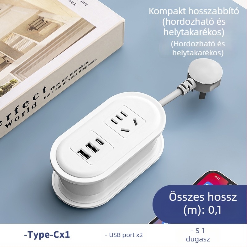 Utazó hálózati csatlakozó USB töltéssel, éjszakai fénnyel és kábelhurok tárolóval; feszültség 110-250V, teljesítmény akár 2500W, réz vezetők, PP tokozás, CCC tanúsítvány