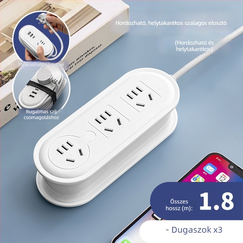 Utazó hálózati csatlakozó USB töltéssel, éjszakai fénnyel és kábelhurok tárolóval; feszültség 110-250V, teljesítmény akár 2500W, réz vezetők, PP tokozás, CCC tanúsítvány