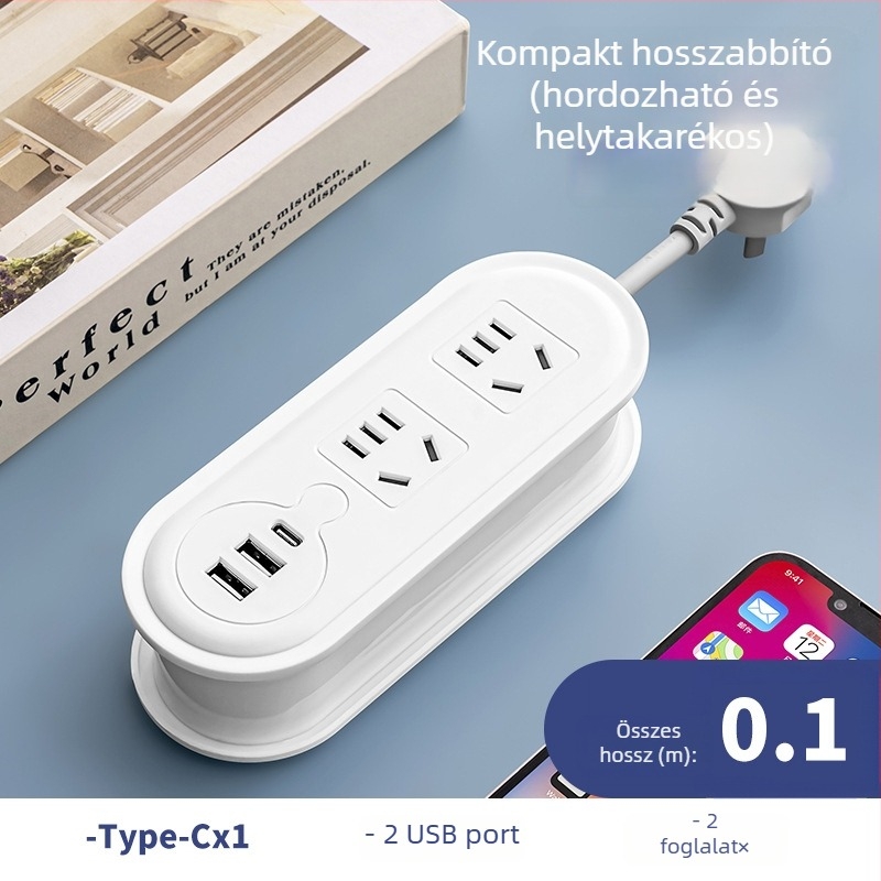 Utazó hálózati csatlakozó USB töltéssel, éjszakai fénnyel és kábelhurok tárolóval; feszültség 110-250V, teljesítmény akár 2500W, réz vezetők, PP tokozás, CCC tanúsítvány
