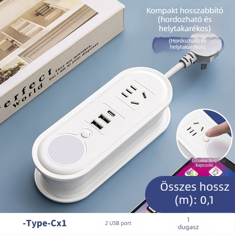 Utazó hálózati csatlakozó USB töltéssel, éjszakai fénnyel és kábelhurok tárolóval; feszültség 110-250V, teljesítmény akár 2500W, réz vezetők, PP tokozás, CCC tanúsítvány
