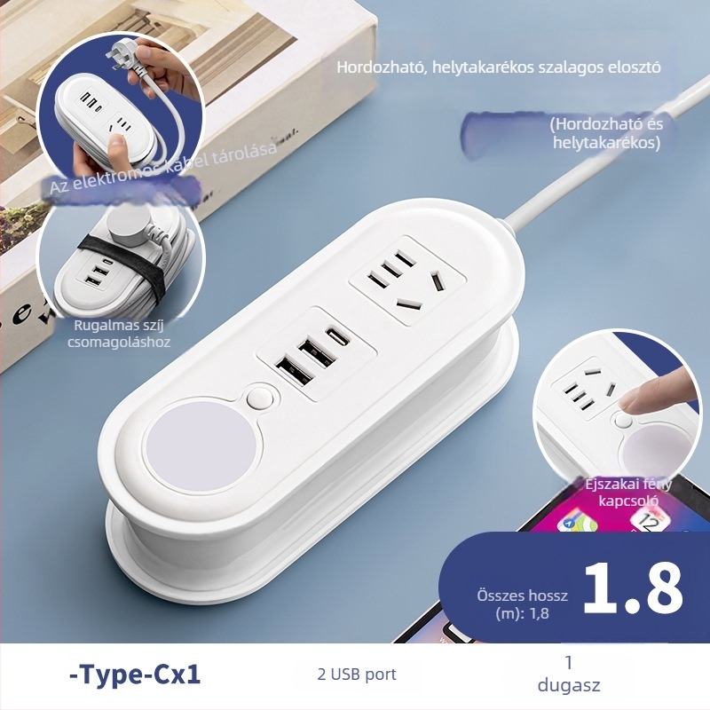 Utazó hálózati csatlakozó USB töltéssel, éjszakai fénnyel és kábelhurok tárolóval; feszültség 110-250V, teljesítmény akár 2500W, réz vezetők, PP tokozás, CCC tanúsítvány