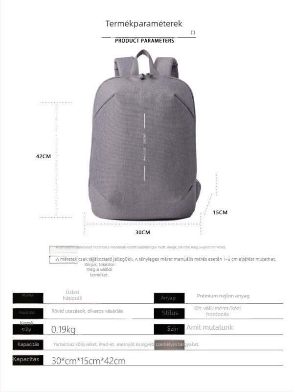 Uniszex utazó hátizsák, vízálló Oxford anyag, légpárnás vállpántok, laptop-kompatibilis, kapacitás legfeljebb 20 L