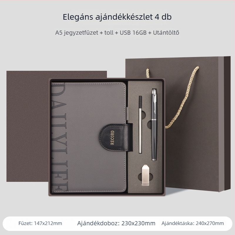 Üzleti notesz műbőr borítóval, Daolin 80 g belső papírral, 200–300 oldal, cérnázott ragasztott kötés, ajándékdoboz mellékelve