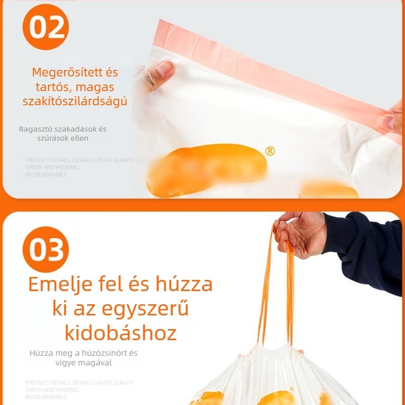 HDPE macskaalom-hulladéktasakok, folyamatos tekercsben, nagy húzózsinóros zárással és automatikus zárással