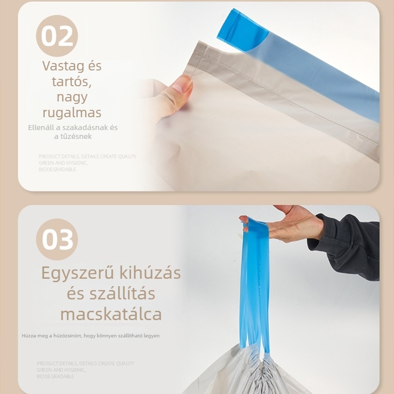 Macskaalom zsák zsinórral - egyszer használatos, műanyag, két végén zsinórral, folyamatos tekercs