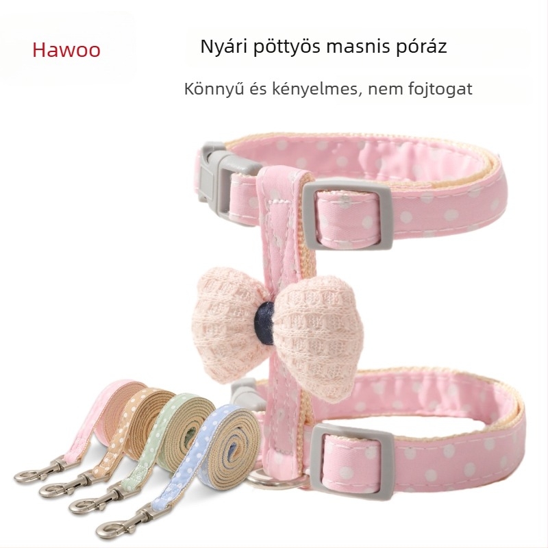 Macska mellkas-hám pórázzal, I-alakú pánt, pöttyös masni