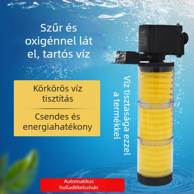 Akváriumi szűrő három az egyben keringetőpumpával, beépített vízcsere nélküli funkció, ultracsendes oxigénezés, merülőpumpa