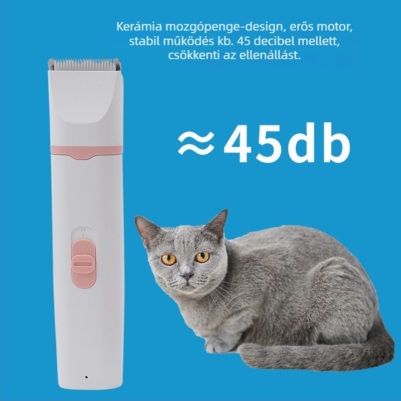 Macska- és kutyáknak való 2 az 1-ben állatkozmetikai trimming készlet cserélhető dupla vágófejekkel, kerámia és rozsdamentes acél pengékkel, USB-C gyorstöltés 5V 1A.