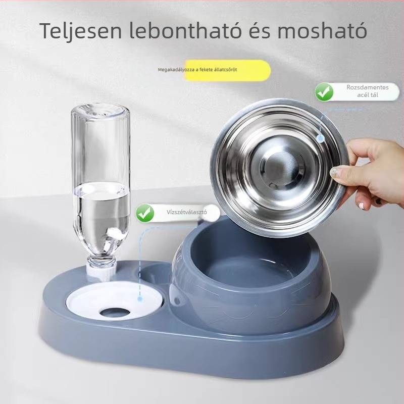 Macska dupla tál automata ivóvíz rendszerrel, ferde szájú kialakítás (műanyag + rozsdamentes acél)