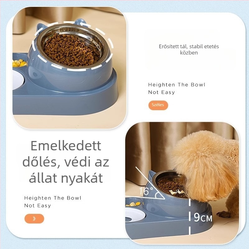 Macska dupla tál automata ivóvíz rendszerrel, ferde szájú kialakítás (műanyag + rozsdamentes acél)