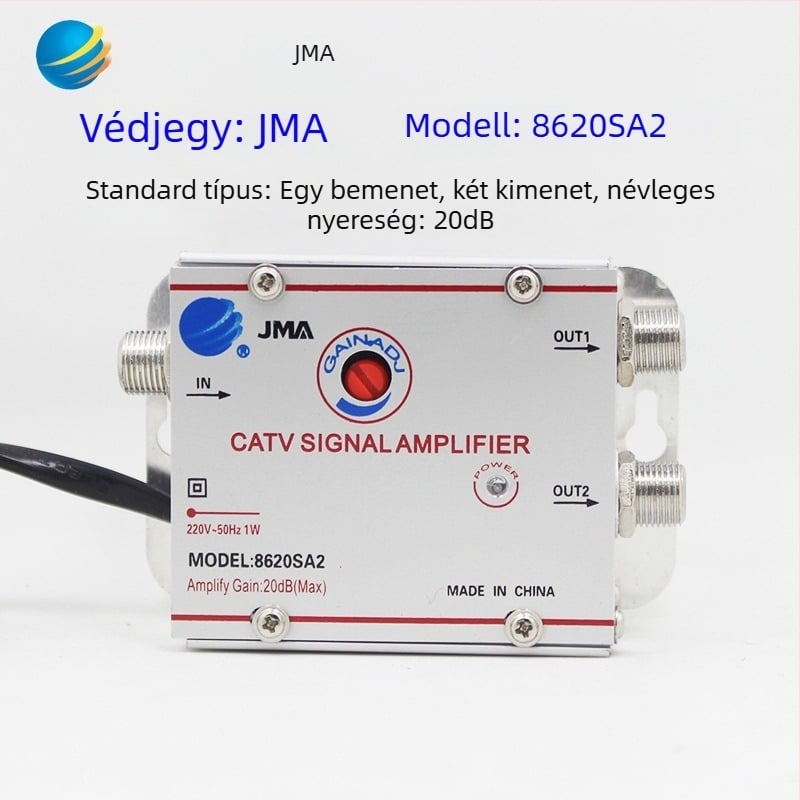 Kábeles TV erősítő és 1–2 analóg osztó terestri jelekhez (analóg–digitális, kétirányú elosztás)