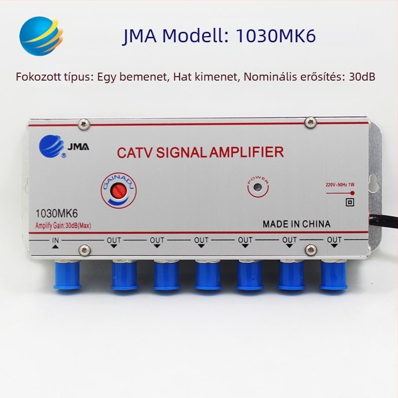 Kábeles TV erősítő és 1–2 analóg osztó terestri jelekhez (analóg–digitális, kétirányú elosztás)