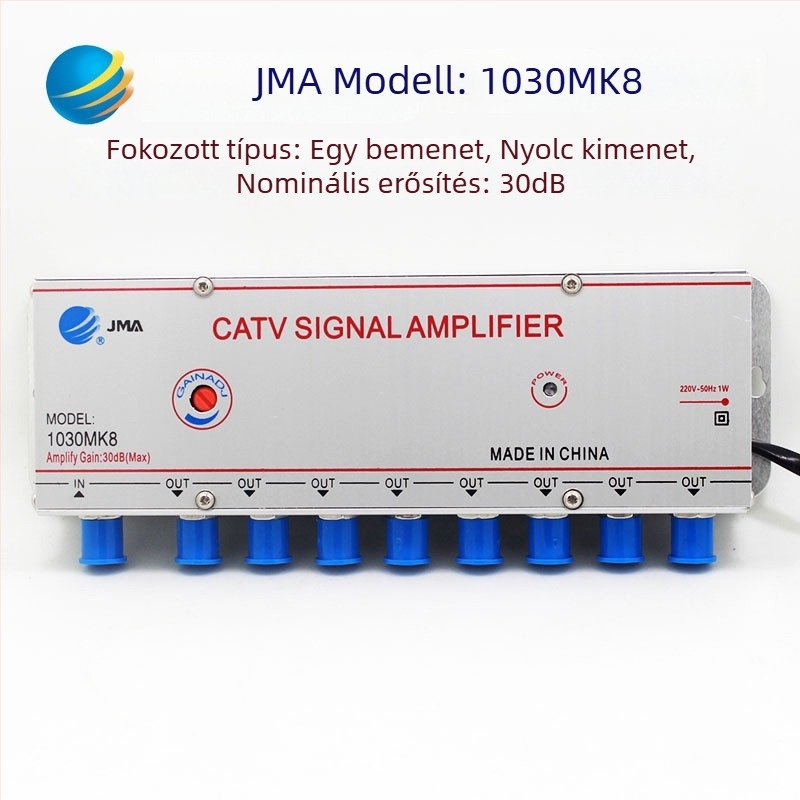 Kábeles TV erősítő és 1–2 analóg osztó terestri jelekhez (analóg–digitális, kétirányú elosztás)