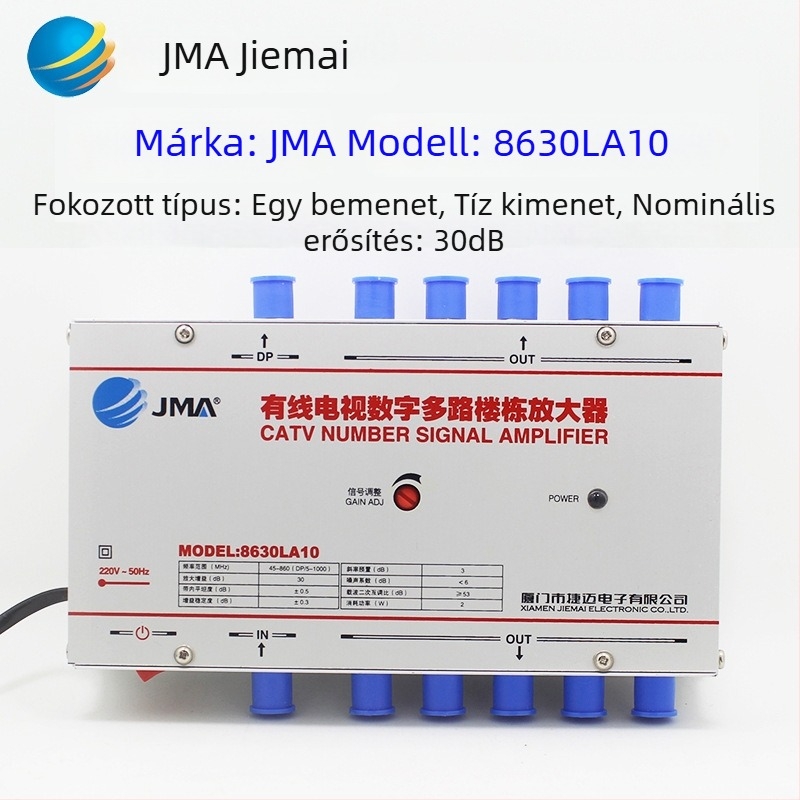Kábeles TV erősítő és 1–2 analóg osztó terestri jelekhez (analóg–digitális, kétirányú elosztás)