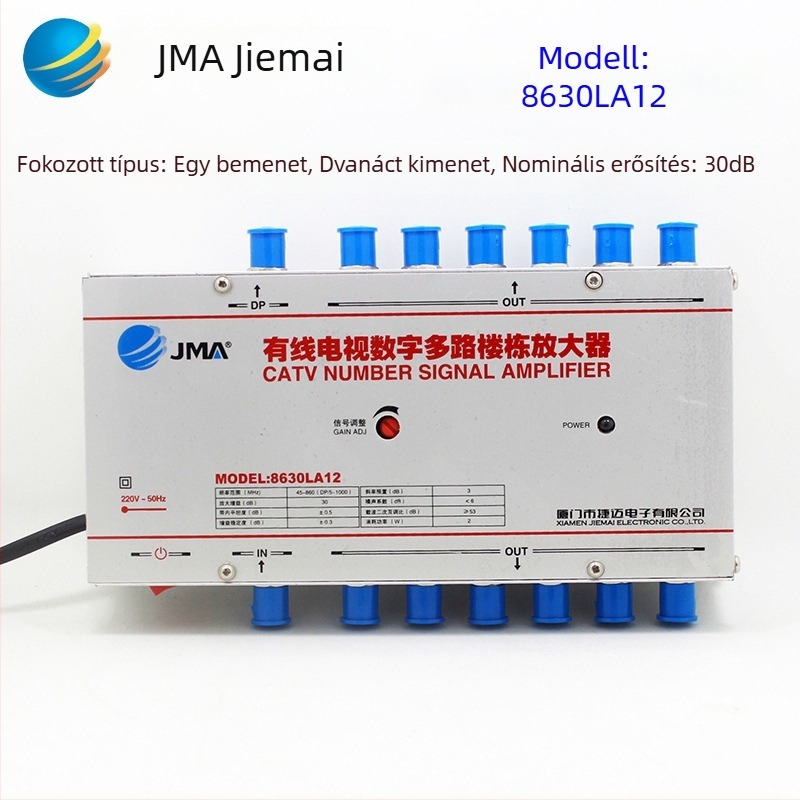 Kábeles TV erősítő és 1–2 analóg osztó terestri jelekhez (analóg–digitális, kétirányú elosztás)