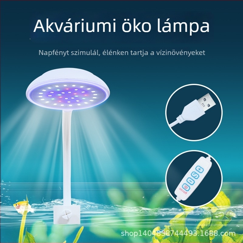 USB-s LED klipszes lámpa akváriumhoz, színváltoztató, szabályozható fényerő, kerek vízinövény-lámpa