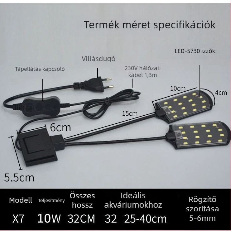 LED akvárium clamp lámpa – 12W, modell JY-SS2-12W, vízálló, LED fényforrás, alkalmas tengeri akváriumokhoz