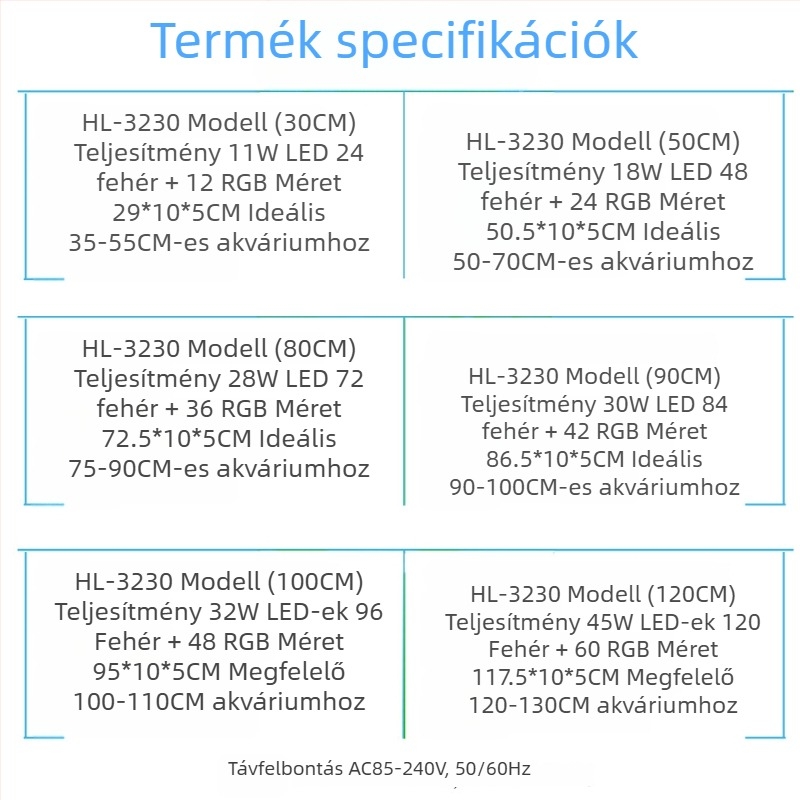 Haiyi Hl-3230 LED akváriumi lámpa teljes spektrummal — alumínium ötvözet, teljesítmény 11-45 W, modell Hl-3230