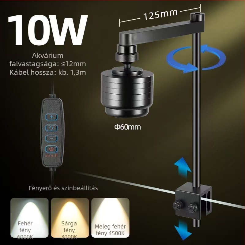 LED fókuszálható spotlámpa akváriumhoz, dimmerrel, háromszínű fényerő és időzített világítás