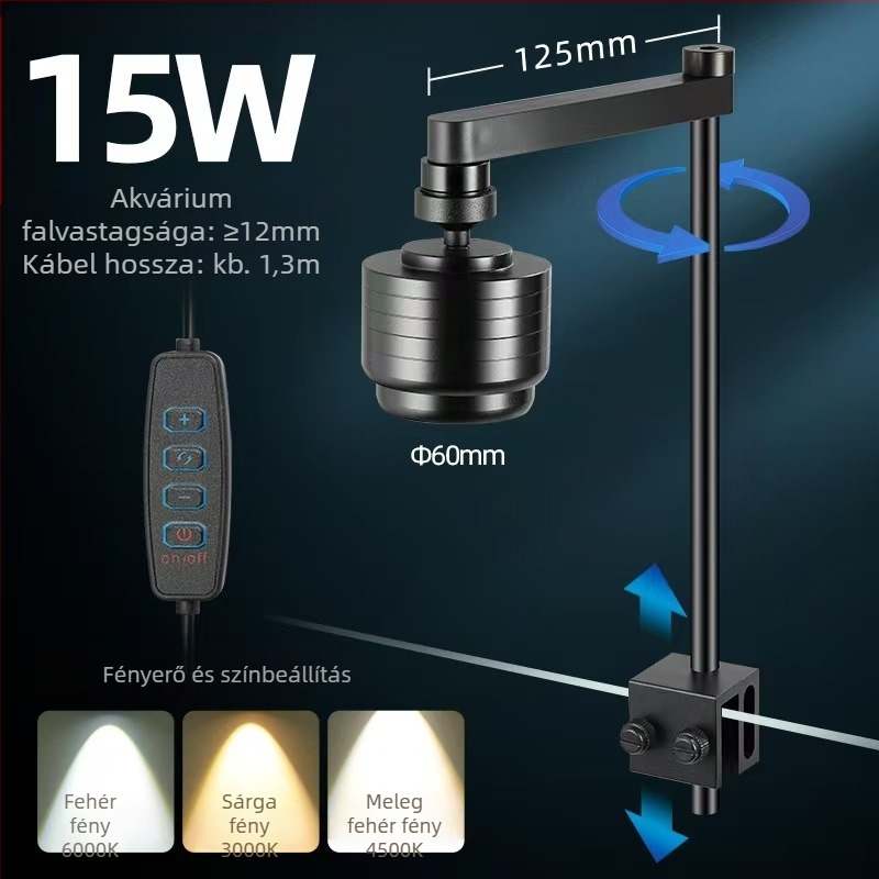 LED fókuszálható spotlámpa akváriumhoz, dimmerrel, háromszínű fényerő és időzített világítás