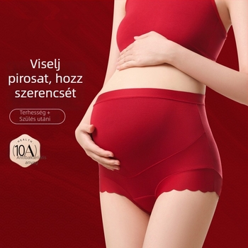 Vörös színű terhesnadrág, magas derekú, varrás nélküli, középső–késő terhességre, nagyméret, menyasszony számára