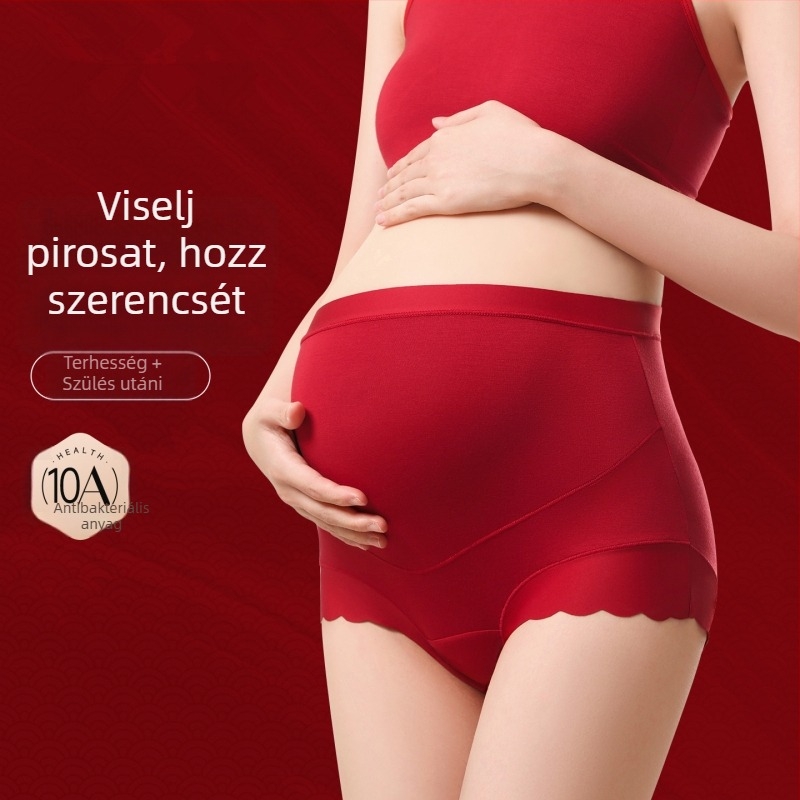 Vörös színű terhesnadrág, magas derekú, varrás nélküli, középső–késő terhességre, nagyméret, menyasszony számára