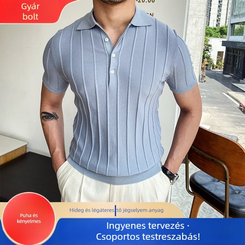 Yijin vékony szabású kötött polo pulóver gallérral, rövid ujjú, csíkos minta, poliészter keverék 70% poliészter