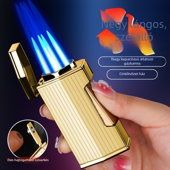 Négylángú butános gyújtó szivarhoz, szélvédett kialakítás, fémből készült test, nyomtatott logó