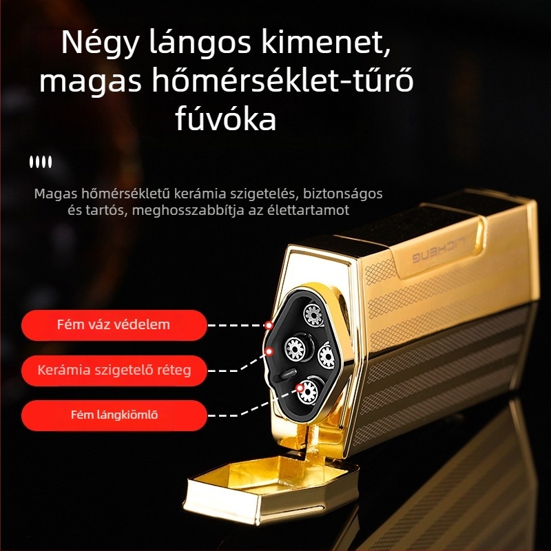 Négylángú butános gyújtó szivarhoz, szélvédett kialakítás, fémből készült test, nyomtatott logó
