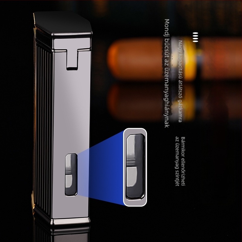 Négylángú butános gyújtó szivarhoz, szélvédett kialakítás, fémből készült test, nyomtatott logó