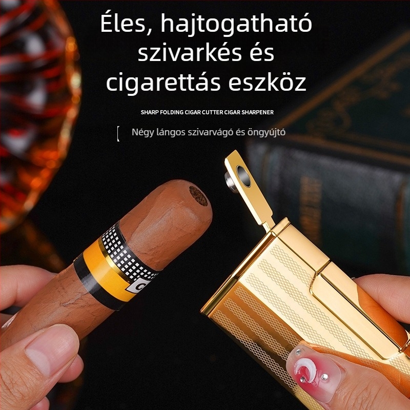 Négylángú butános gyújtó szivarhoz, szélvédett kialakítás, fémből készült test, nyomtatott logó