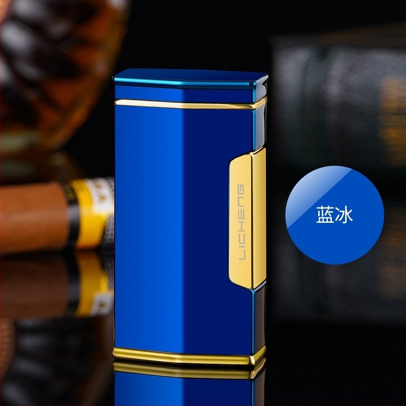 Négylángú butános gyújtó szivarhoz, szélvédett kialakítás, fémből készült test, nyomtatott logó