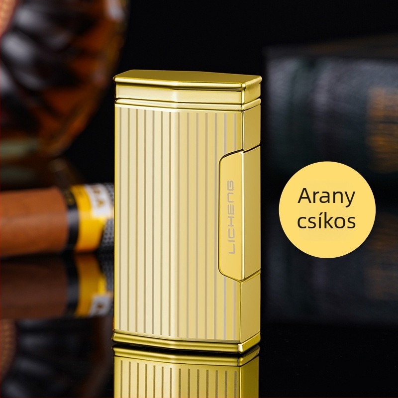 Négylángú butános gyújtó szivarhoz, szélvédett kialakítás, fémből készült test, nyomtatott logó