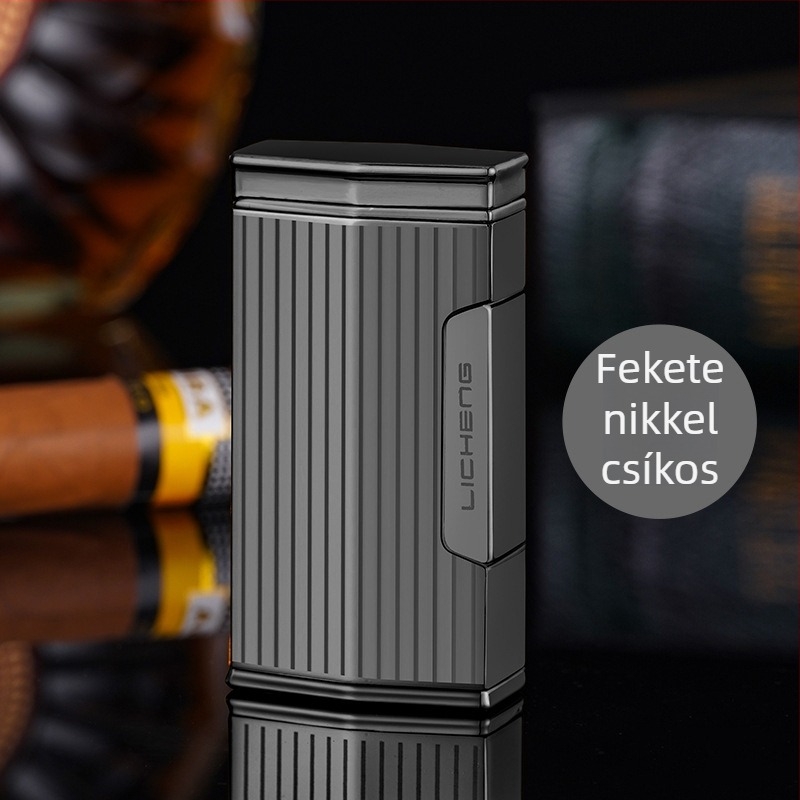 Négylángú butános gyújtó szivarhoz, szélvédett kialakítás, fémből készült test, nyomtatott logó